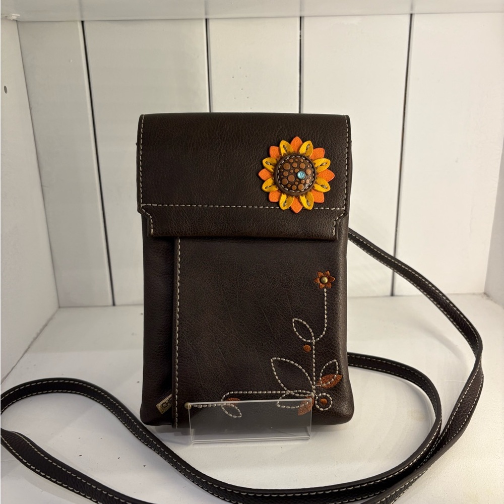 CHALA Brown Leather Crossbody Bag with Floral Design